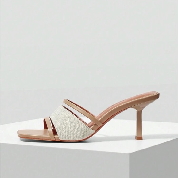 Cognac brown and cream canvas open toe strappy heels - Picture 3 of 7